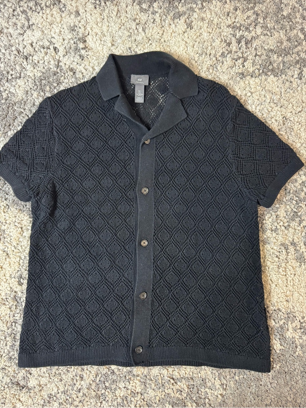 H&M, Mens Black Open-Knit Pattern Button Down Shirt, Large